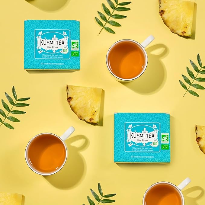 Kusmi Tea - Blue Detox - Blend of Green Tea, Mate & Pineapple - Rosehip, Rooibos, Mint, Guarana Flavours - Enjoy Hot or Iced - Exotic Infusion Perfect for Tea Lovers - 20 Tea Bags