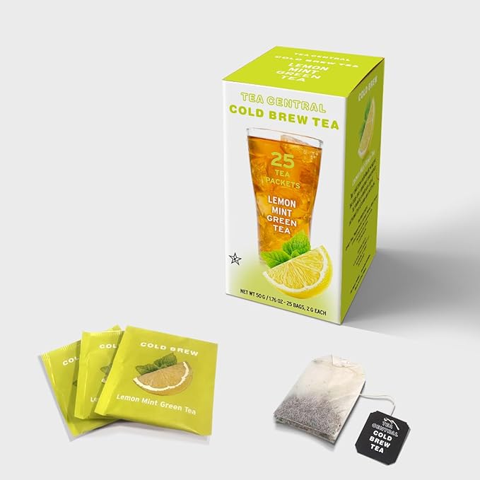 Life Plus Style Gourmet TEA CENTRAL Lemon Mint Green Tea Organic Ceylon Iced Green Tea Lemon Iced Drink Peppermint Cold Brew Tea Bags Refreshing Natural Flavored Wellness Tea Beverages 25 Tea Bags