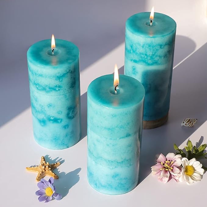 Pillar Candles Ocean Breeze Scented 3x6 inch Long-Lasting Clean Burning Candle 3 Pack Teal Turquoise Candles Coastal Themed Ocean Marine Rustic Decor for Home Bathroom Wedding