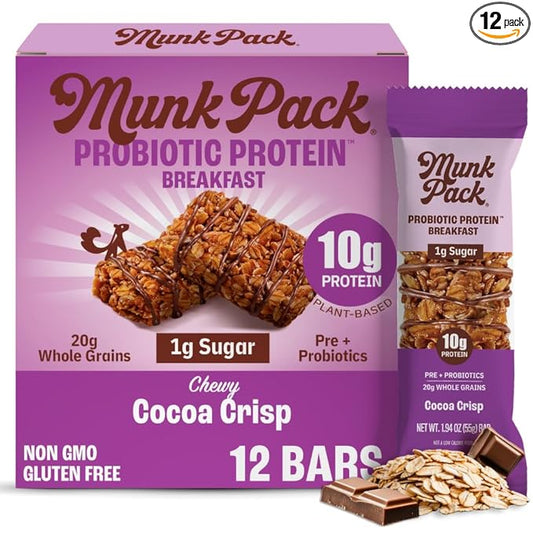 Munk Pack Probiotic Protein Breakfast Bars - 10g Plant Protein, 1g Sugar, 6g Fiber – For Adults & Kids, Low Sugar Snack, Gluten-Free, Diabetic-Friendly, Non-GMO, Cocoa Crisp - 12 Pack