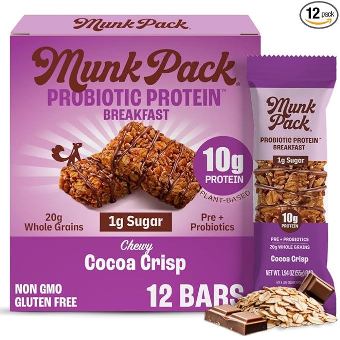 Munk Pack Probiotic Protein Breakfast Bars - 10g Plant Protein, 1g Sugar, 6g Fiber – For Adults & Kids, Low Sugar Snack, Gluten-Free, Diabetic-Friendly, Non-GMO, Cocoa Crisp - 12 Pack