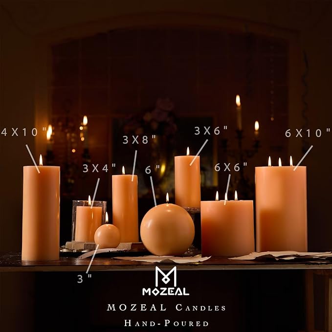 MOZEAL 3" x 6" Hand-Poured Unscented Candle, Dripless Pillar Candle Set of 3, Long Lasting Burning, Approx 120 Hours Burn Time, Rustic Country Style, for Summer Soirees, Peachy Atmosphere, Peach Fuzz