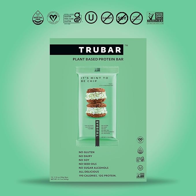 TRUBAR Vegan Protein Bars - Soy Free, Dairy Free, Gluten Free Protein Bars - No Sugar Alcohols - Non-GMO - 12g of Protein - It's Mint To Be Chip - 12 Count