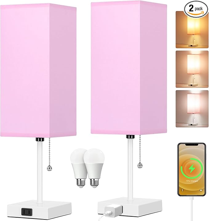 18'' Table Lamp for Bedroom set of 2,3-Color Bedside Lamps with Pull Chain Table Lamps for Night stands ,Small Night Light Lamps with 2 Bulbs Lamps for Living Room Kids Room Office Decor(Pink+White)