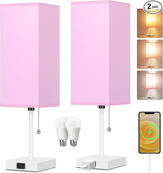 18'' Table Lamp for Bedroom set of 2,3-Color Bedside Lamps with Pull Chain Table Lamps for Night stands ,Small Night Light Lamps with 2 Bulbs Lamps for Living Room Kids Room Office Decor(Pink+White)