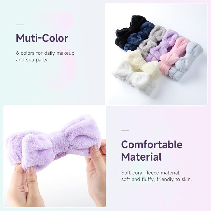 Face Headband 8Pcs Bow Hair Band Cute soft Facial Makeup Head Band for Face Washing Shower Skin Care Fluffy Spa Headband Coral Fleece Wraps for Woman Girl 8 Color Slumber Party Supplies