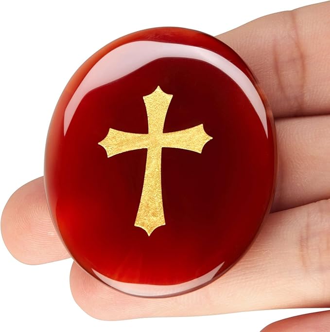 LAIDANLA Red Agate Cross Engraved Healing Crystal Worry Stones for Pray Faith Anxiety Relief Oval Palm Stone Polished Natural Crystal Gifts