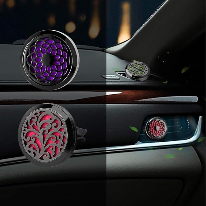 2PCS 30mm Car Aromatherapy Essential Oil Diffuser Stainless Steel Black Locket with Vent Clip 12 Felt Pads