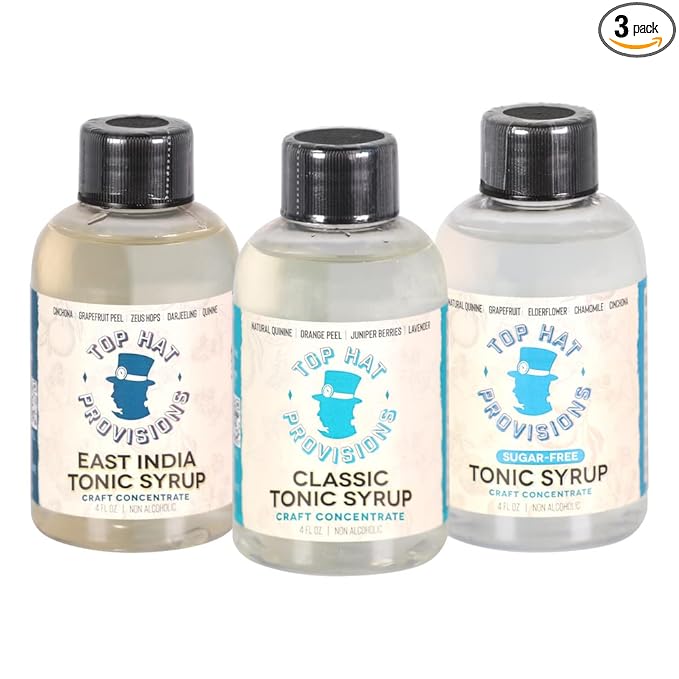 Top Hat Tonic Syrup & Quinine Concentrate Sampler Kit - East India Tonic Syrup, Classic Tonic Syrup & Sugar Free Elderflower Tonic Syrup - 3 pack combo kit of 4oz bottles