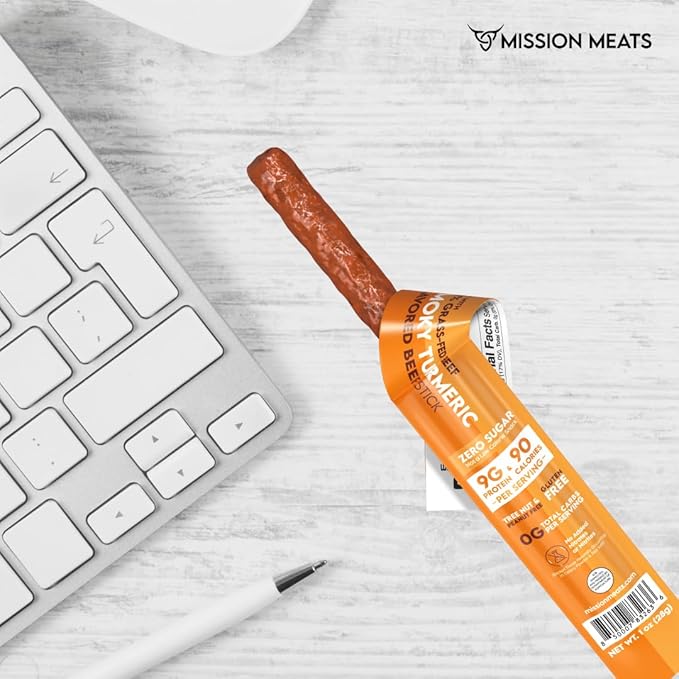 Mission Meats Beef Sticks – 100% Grass Fed & Pasture Raised, Sugar Free, Individually Wrapped Healthy Snacks, Whole 30 & Paleo Friendly, Smoky Turmeric 1oz (Pack of 24)