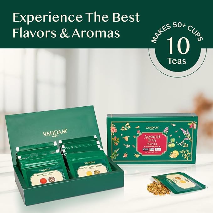 VAHDAM, Assorted Loose Leaf Tea Gift Set (10 Flavors, 100 gm) Gift Ideas for Women & Men | Herbal Tea, Green Tea, Chai Tea & Black Tea Sampler| Non-GMO, Gluten Free | Gifts for Him/Her