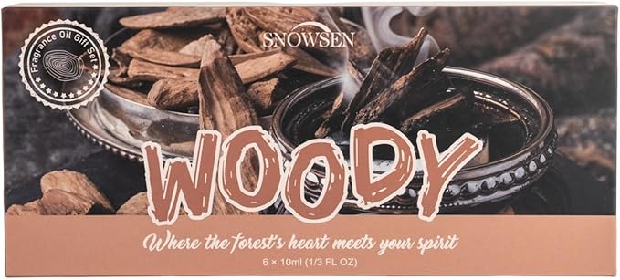 Woody Essential Oil Set, 6 Pure Wood Scents - Frankincense, Cedar, Sandalwood, Agarwood, Frosty Fir, Bamboo & Teak Essential Oils for Diffusers, Humidifiers, Cleaning, DIY Soaps & Candles