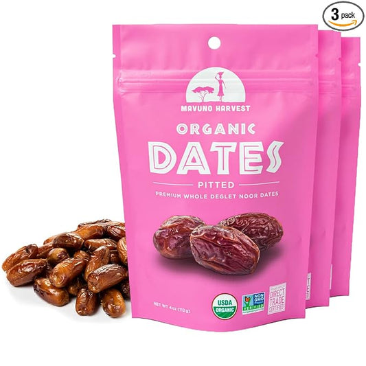 Mavuno Harvest Pitted Dates Dried Fruit Snacks | Organic Dried Dates | Healthy Snacks for Kids and Adults| Deglet Noor Dates | No Sugar Added, Vegan, Non GMO | Resealable 4 Ounce Bags, Pack of 3