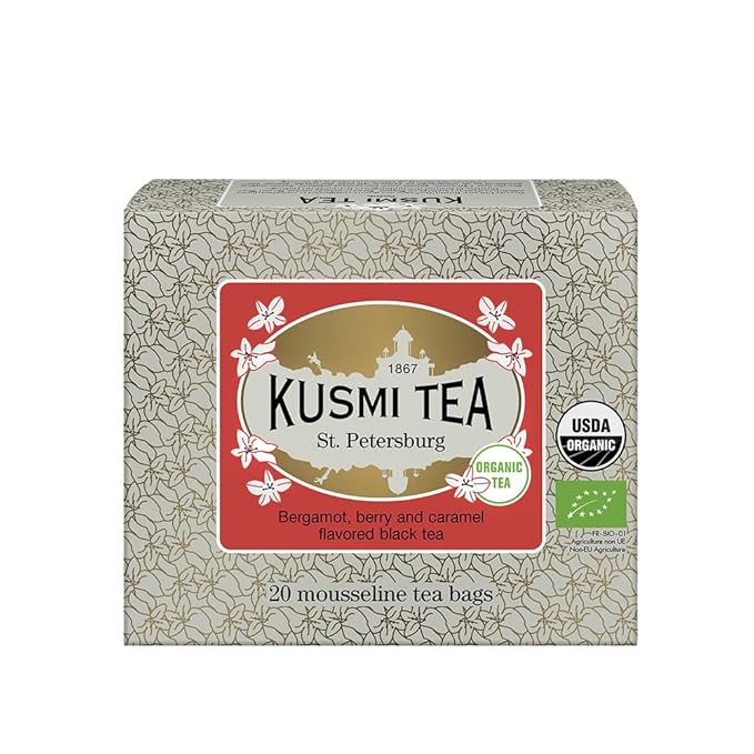 Kusmi Tea - St. Petersburg - Organic Black Tea - Earl Grey Tea - Blend of Black Tea with Red Berries, Caramel, Vanilla & Bergamot - Robust, Caffeinated Tea - 20 Tea Bags