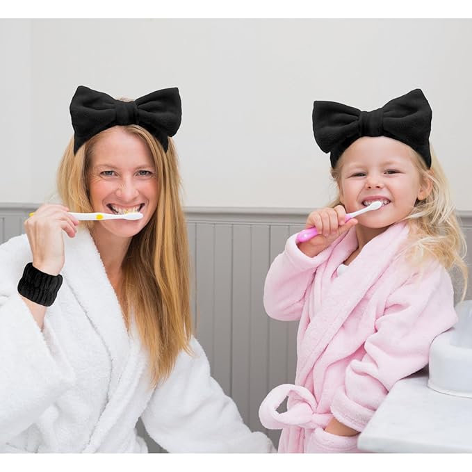 VELSCRUN Spa Headbands for Wash Face, Makeup Headband, Facial Skincare Headbands, 5 Pcs Black Puffy Sponge Spa Headband Bow Tie Hair Band Hair Clips Wristband Set Women Girls Accessories