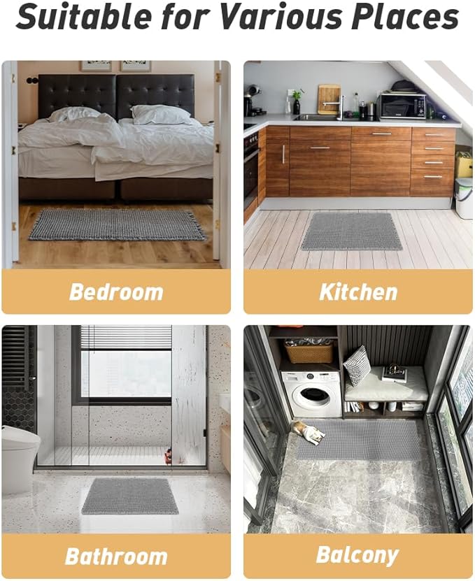 AMOAMI Upgraded Waffle Bath Mat, Super Absorbent Non Slip Bath Mats for Bathroom Floor, Machine Washable Bathroom Rugs with Tassels, Rubber Backed Bathroom Mats, Ultra Soft, 18" x 30", Grey