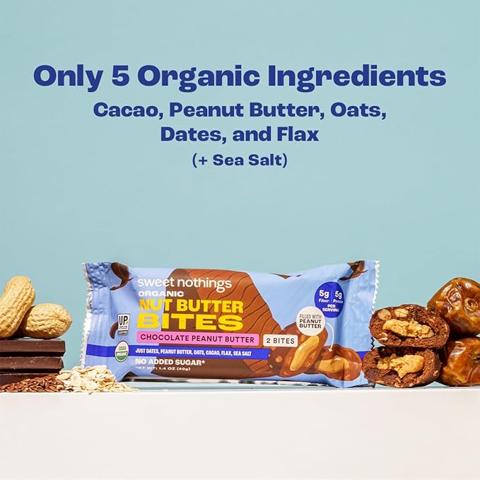 Sweet Nothings, Chocolate, USDA Organic Nut Butter Bites Protein Bar, Nut & Date Snack, Filled with Peanut Butter, 12-2 Bite Value Packs - No Added Sugar, Plant Based, Vegan, Only 7 Ingredients