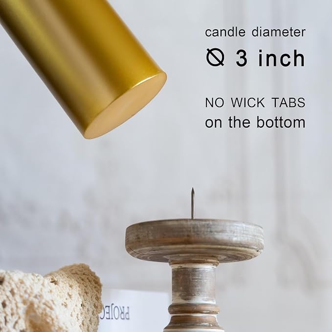 MOZEAL 3" x 6" Hand-Poured Unscented Candle,Dripless Pillar Candle Set of 3,Long Lasting Burning,Approx 120 Hours Burn Time,Rustic Country Style,for Wedding,Dinner,Christmas and Home Decor,Gold