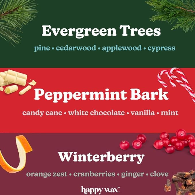 Happy Wax Christmas Mix Scented Natural, Non Toxic Soy Wax Melts; 6 Total Oz. of Holiday Scented Wax Melts, Collection Includes Winterberry, Evergreen Trees and Peppermint Bark