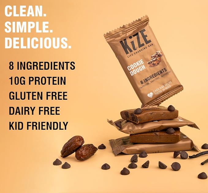 KiZE Energy Bars - Peanut Butter Chocolate Chip & Cookie Dough Bundle - 20-Count - Gluten Free, Dairy Free Options, Non-GMO, and High Protein Meal Replacement Energy Bars, Clean and Simple Food Ingredients - 10g High Protein Snacks (20 Count)