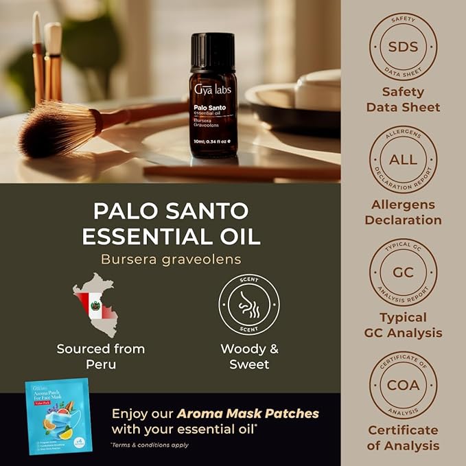 Gya Labs Palo Santo Essential Oil - 0.34 Fl Oz - for Hair, Skin, Diffuser, Aromatherapy & DIY Candle Making Scent