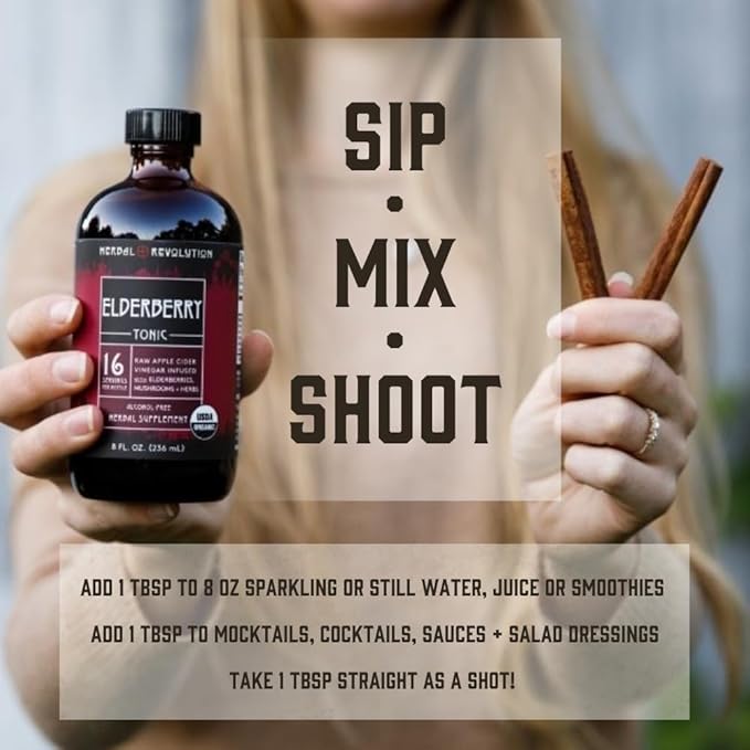 Herbal Revolution Elderberry Tonic - Certified Organic Non-GMO Apple Cider Vinegar Infused with Cinnamon Bark, Raw Honey, Ginger & More - Made Using Regenerative Farming Practices - 8 Oz
