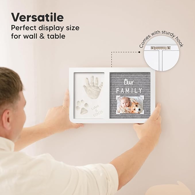 Baby Hand and Footprint Kit with Felt Letterboard - Personalized Baby Gifts for Boys Girls, Newborn Baby Footprint Kit, Dog Paw Print Kit, Baby Keepsake Frame (Alpine White)