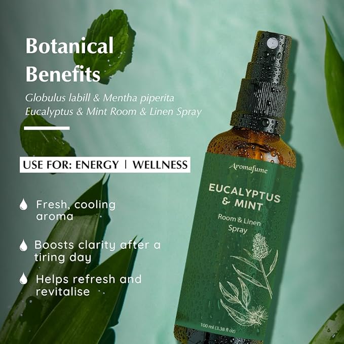Eucalyptus & Mint Room, Linen & Pillow Spray by Aromafume | 100ml/3.38fl oz | with Pure Eucalyptus & Mint Essential Oil | Aromatherapy | Mist for Bedding, Fabrics