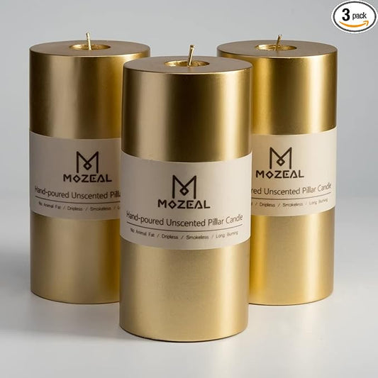 MOZEAL 3" x 6" Hand-Poured Unscented Candle,Dripless Pillar Candle Set of 3,Long Lasting Burning,Approx 120 Hours Burn Time,Rustic Country Style,for Wedding,Dinner,Christmas and Home Decor,Gold
