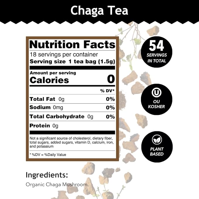 Buddha Teas - Chaga Tea - Organic Herbal Tea - For Cognitive Balance & Overall Health - With Chaga Mushroom, Antioxidants & B Vitamins - Caffeine Free - 100% Kosher & Non-GMO - 18 Tea Bags (Pack of 3)