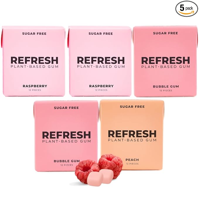 Refresh Gum, Xylitol, Natural, Sugar Free, Chewing Gum, Plastic Free, Natural Flavors & Organic Ingredients, Non GMO, Gluten Free, Vegan, 12 Count (Pack of 5), Fruit Variety Pack