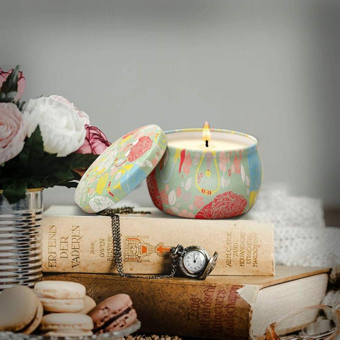 Scented Candles Gift Sets, Soy Wax 4.4 oz Portable Travel Tin Candles Women Birthday Gift Stress Relief Sweet Fragrance Home Aromatherapy Candle Set 4 Pack