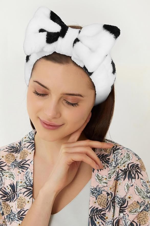 Huachi Spa Headbands for Women Washing Face, Cow Print, Soft Microfiber Hair Wrap with Bow - Skincare Headband for Girls, Makeup Application, Spa Treatments, Party Favors