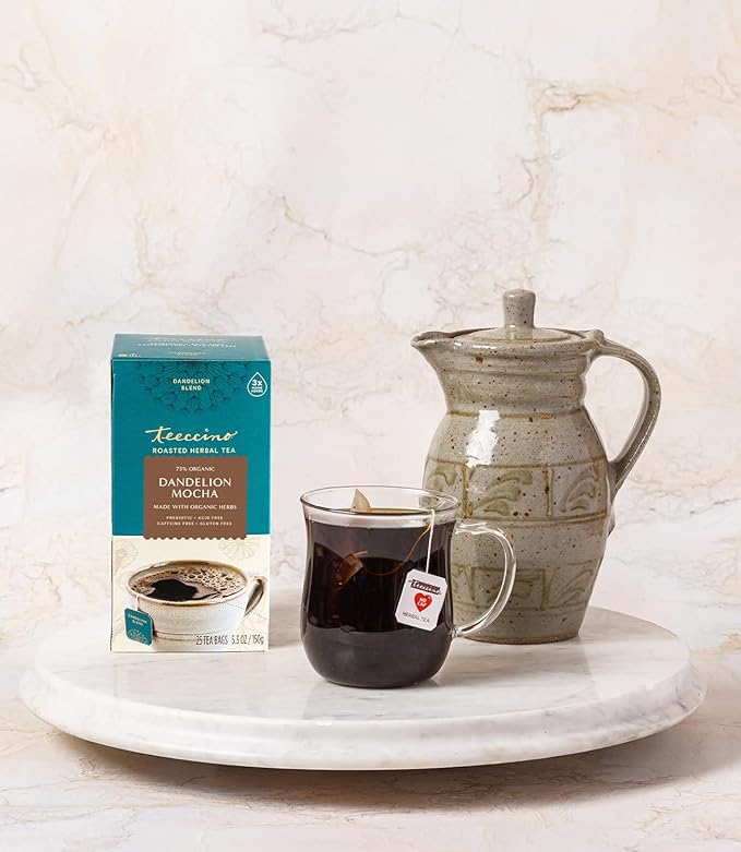 Teeccino Dandelion Herbal Tea - Mocha - Caffeine Free, Prebiotic, Gluten Free, 3x More Herbs - 25 Tea Bags