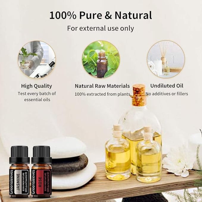 GREENSLEEVES Rose Jasmine Essential Oil Set, 2 x 10ml Pure Plant-Based Fragrance Oil for Aromatherapy, Essential Oils for Diffuser, Massage, Bath Bomb, Scented Candle Soap Making