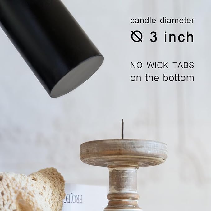 MOZEAL 3" x 8" Hand-Poured Unscented Large Candle,Smokeless Rustic Pillar Candle Set of 2,Slow Burn,No Drip,Approx 150 Hours Burning,Wedding,Dinner,Christmas and Home Decorative,Tall Black Candle