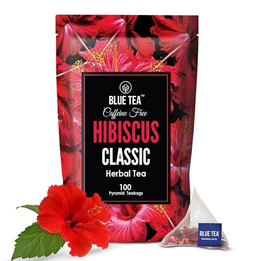 BLUE TEA - Hibiscus Tea - 100 Count - Classic - Pyramid Plant Based Tea Bag | HERBAL TEA | Skin Glow Enhancing Tea | Caffeine Free - Flower Based - Vegan - Tangy Flavor | Zipper Pack
