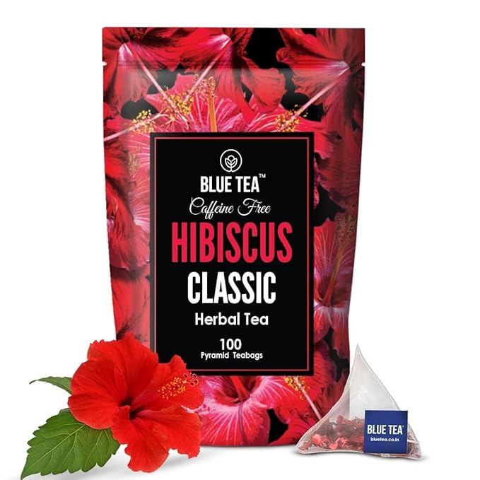 BLUE TEA - Hibiscus Tea - 100 Count - Classic - Pyramid Plant Based Tea Bag | HERBAL TEA | Skin Glow Enhancing Tea | Caffeine Free - Flower Based - Vegan - Tangy Flavor | Zipper Pack