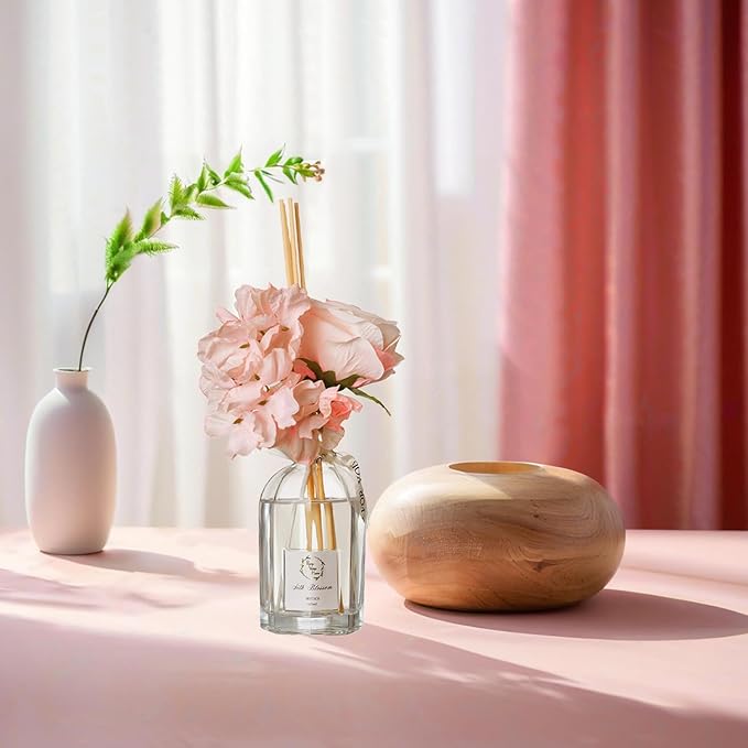 Reed Diffuser Set, Pretty Valley Home Dried Flowers Diffuser 120Ml / 4.05 fl OZ Gift Box - Includes Sticks, Long Lasting Fragrance Oil and Glass Bottle for Office Living Room Decor (Silk Blossom)