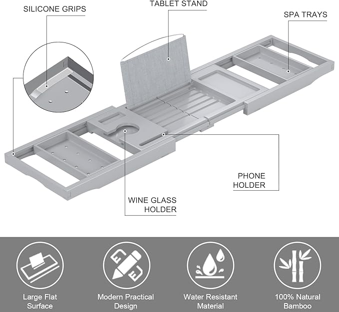 Bathtub Tray Caddy, Expandable Bath Trays for Tub, Bamboo Shelf & Table with Wine Glass Holder,Bathroom Accessories for New Home & Mothers Day & Birthday Gifts for Mom,Gray