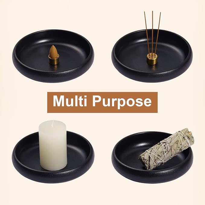 Incense Holder for Sticks, Sage, Coil Incense, Incense Stick Holder 5.71" for Yoga Meditation Energy Cleansing, Ceramic Incense Burner Holder with 9 Holes, Ash Catcher, Smudge Bowl (Black)