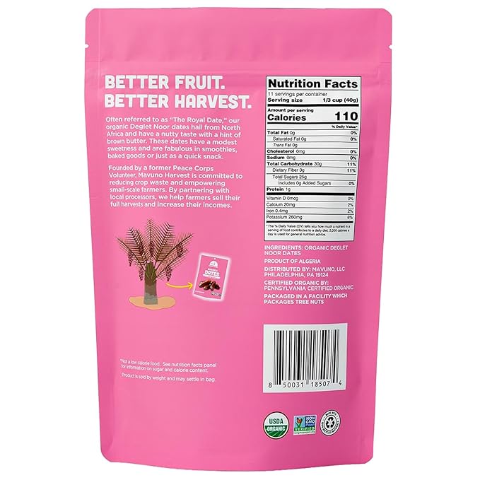 Mavuno Harvest Pitted Dates Dried Fruit Snacks | Organic Dried Dates | Healthy Snacks for Kids and Adults| Deglet Noor Dates | No Sugar Added, Vegan, Non GMO | Resealable Bulk Bag | 1 Pound
