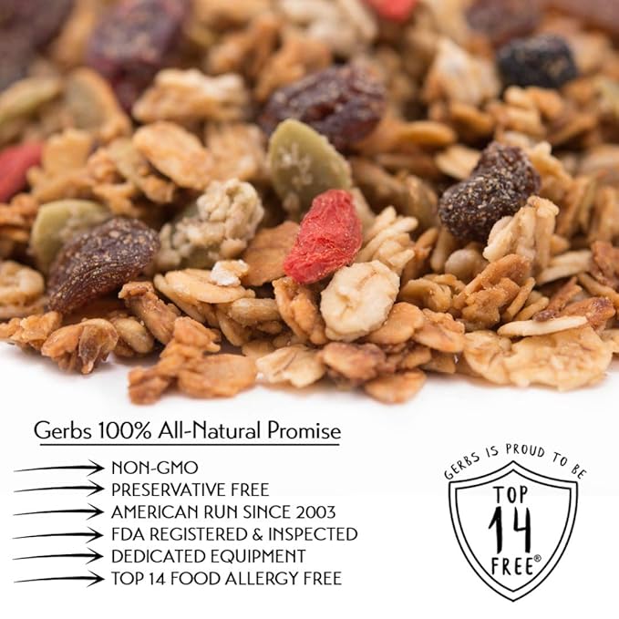 Gerbs Super 5 Fruit Granola, 2 LBS - Top 14 Food Allergy Free & Non GMO - Unsulfured & Keto Safe - Cranberry, Blueberry, Goji Berry, Cherry, Raisin