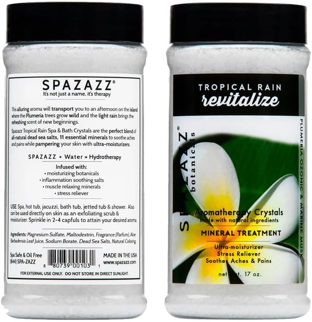 Spazazz Hot Tub Aromatherapy Bath Salt Crystals 3-Pack Bundle - Eucalyptus Mint Stimulate - Tropical Rain Revitalize - Honey Mango Arouse - Botanicals Collection Scents for Relaxing in Spas (17 oz)