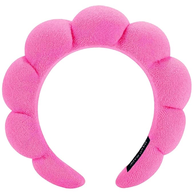 Spa Headbands for Washing Face or Makeup, Sponge Bubble Skincare Headbands, Puffy Terry Cloth Hairband for Women, Skin Care Makeup Headwear Hair Accessories for Girls (Rose Red)