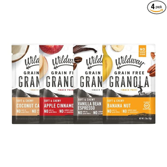 Wildway Keto Granola Snack Packs| Variety | Grain-Free Certified Gluten-Free Cereal | Vegan, Low Carb & No Sugar Added | Paleo-Friendly, Non-GMO Fruit & Nut Clusters | Nutrient-Rich Snack | 4 Pack