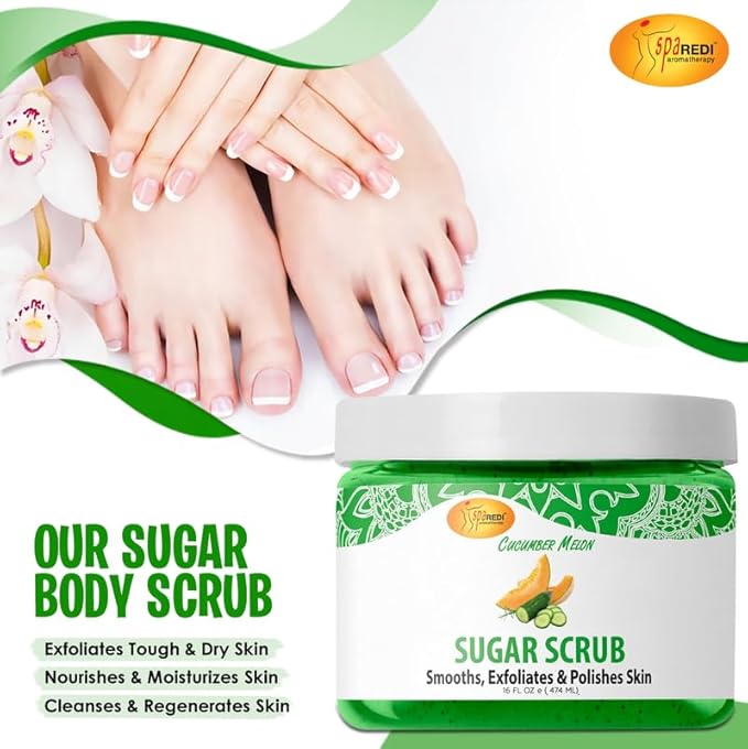 SPA REDI – Sugar Body Scrub, Cucumber Melon, 16 Oz, Exfoliating, Moisturizing, Hydrating and Nourishing, Glow, Polish, Smooth and Fresh Skin - Body Exfoliator