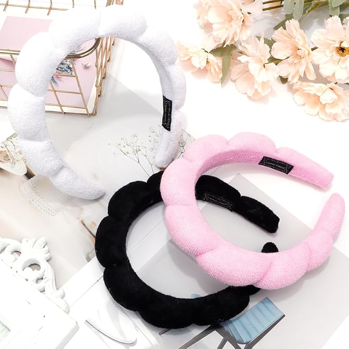 AOPRIE SPA Headbands for Washing Face Makeup Headbands with Bow Hair Band Women Facial Head Band Wrist Towel Wraps For Shower Face Mask Black Pink White, 3 Pack