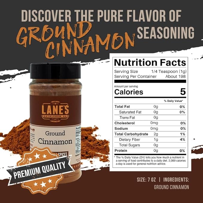 Lane's Ground Cinnamon Seasoning Spice, All-Natural Ground Cinnamon Powder for Coffee, Tea, Culinary Use, and More. Made in USA, 7 oz (198g)