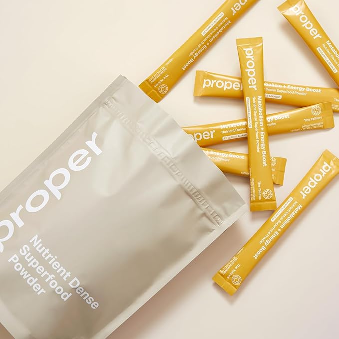 Proper, The Yellows Metabolism and Energy Boost, Sugar Free Energy Drink Powder with 100mg Caffeine. No Creatine or Beta-Alanine. 15 Servings, Pineapple Mango Drink Mix for Men and Women